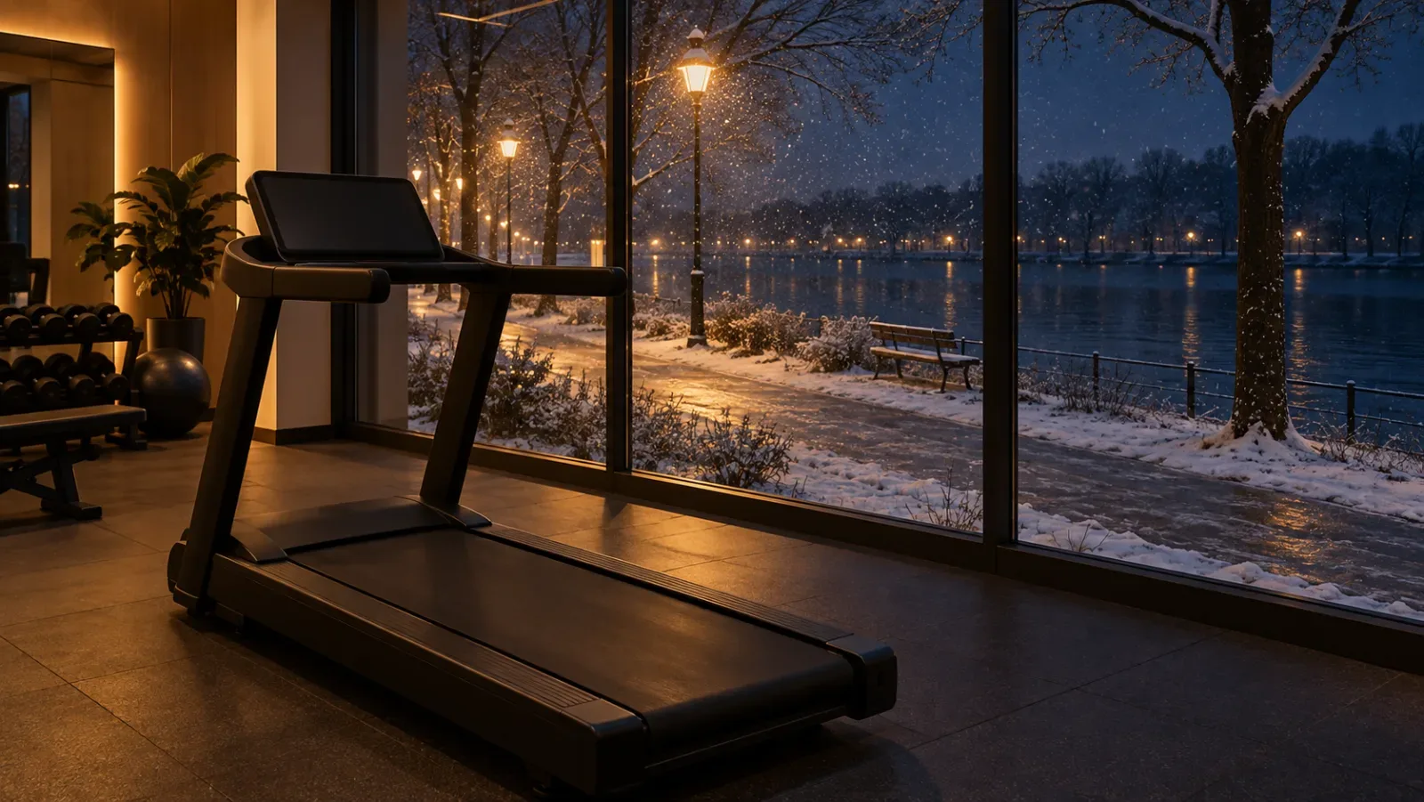 Mesterségesen generált kép: sötét, havazós téli estén egy edzőteremben üres futópad áll a nagy ablak előtt, kint a lámpákkal megvilágított, havas és jeges folyóparti sétány látszik